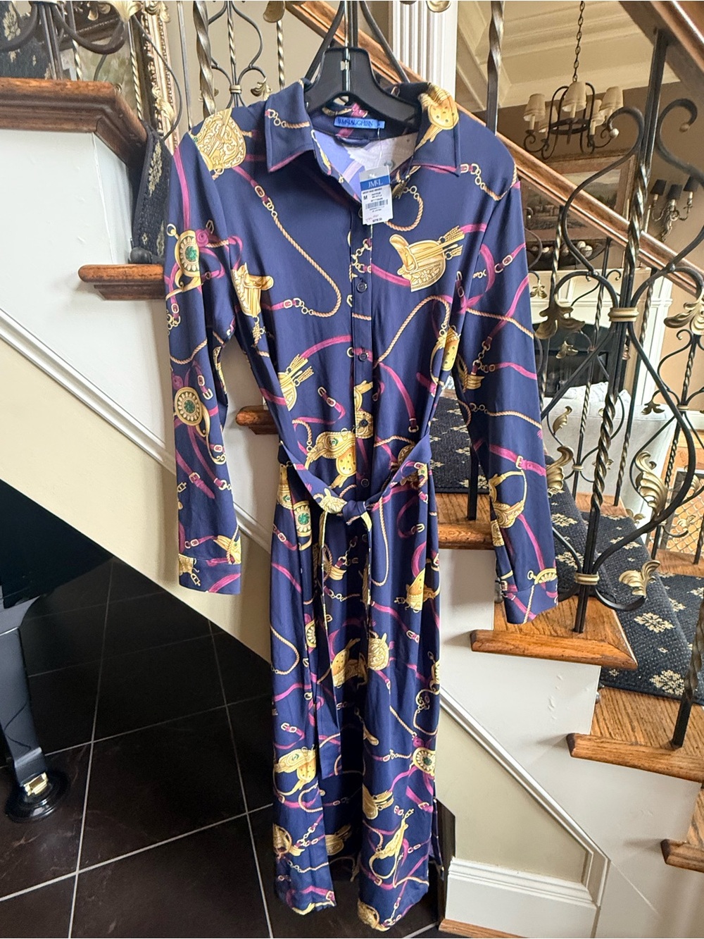 J.McLaughlin NWT Amory Maxi Dress. Navy/Plum Neo Scylla.M button front collared.